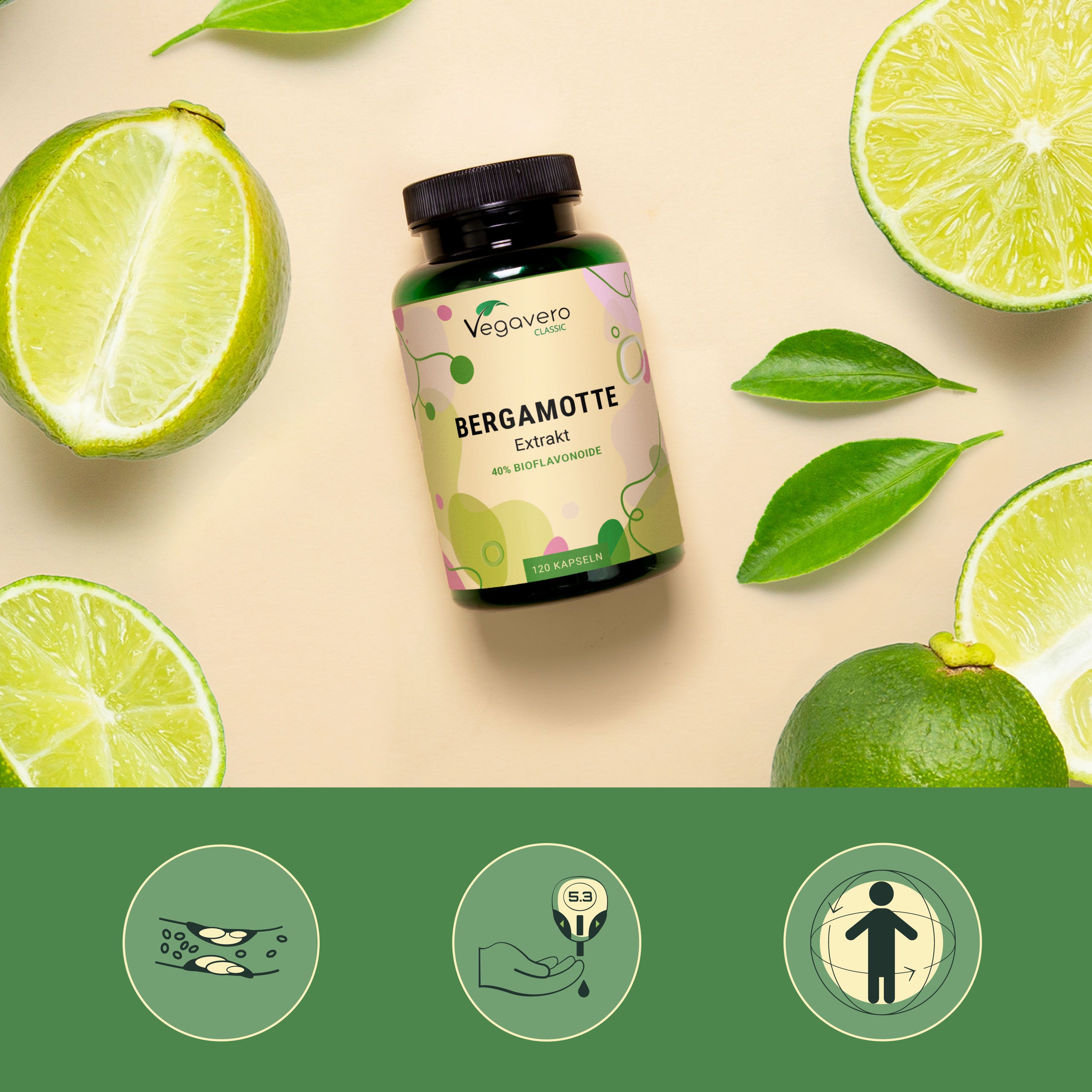 Flasche mit Kapseln, umgeben von Limetten und Blättern. Aufschrift: Bergamotte Extrakt, 40% Bioflavonoide. 120 Kapseln.