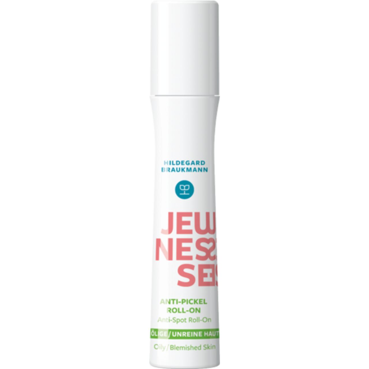 Roll-on-Flasche mit weißem Deckel. Aufschrift: Jeunesse, Anti-Pickel Roll-On. Für unreine Haut.