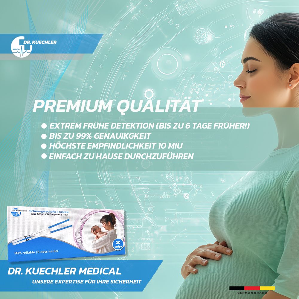 Schwangere Frau im Profil. Packung Schwangerschaftstests. "Premium Qualität", "Frühe Detektion".