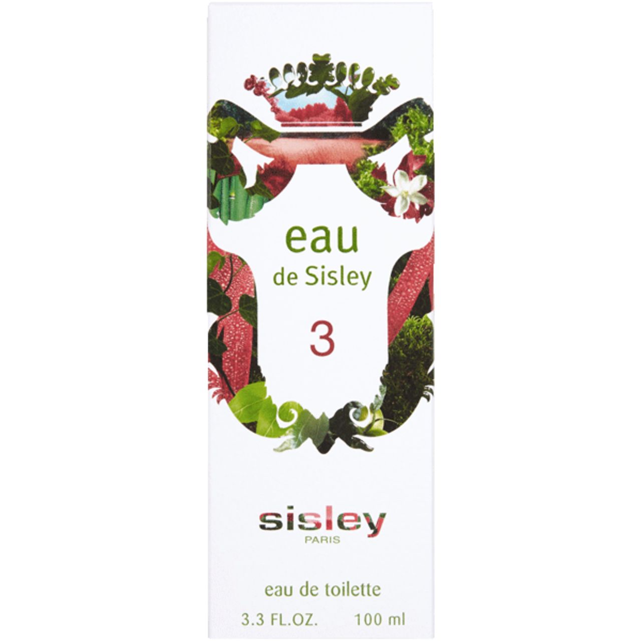 Sisley Eau de Sisley 3 E.d.T. Nat. Spray. Verpackung. Weißer Karton mit Produktnamen und floralem Design.