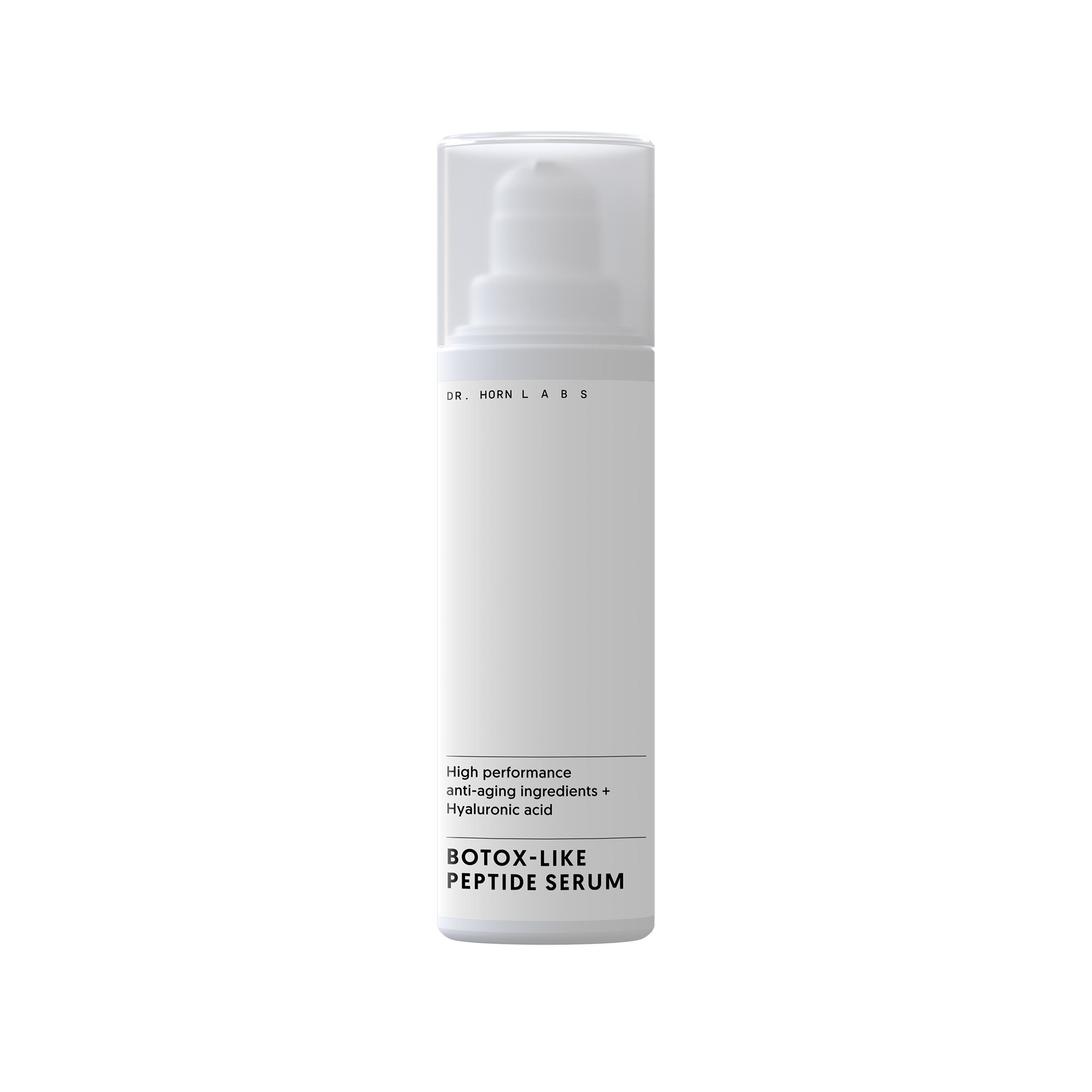 Weiße Flasche mit Sprühkopf. Beschriftung: DR. HORN LABS, Botox-Like Peptide Serum. Enthält Hyaluronsäure und Anti-Aging-Inhaltsstoffe.