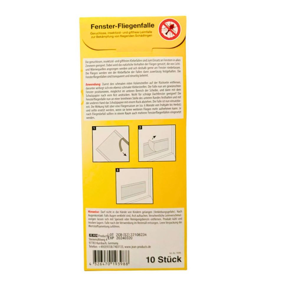 Rückseite der Elina Clean Fenster-Fliegenfalle Packung. Produktname, Anwendungshinweise und Inhaltsangaben. 10 Stück. Illustrationen.
