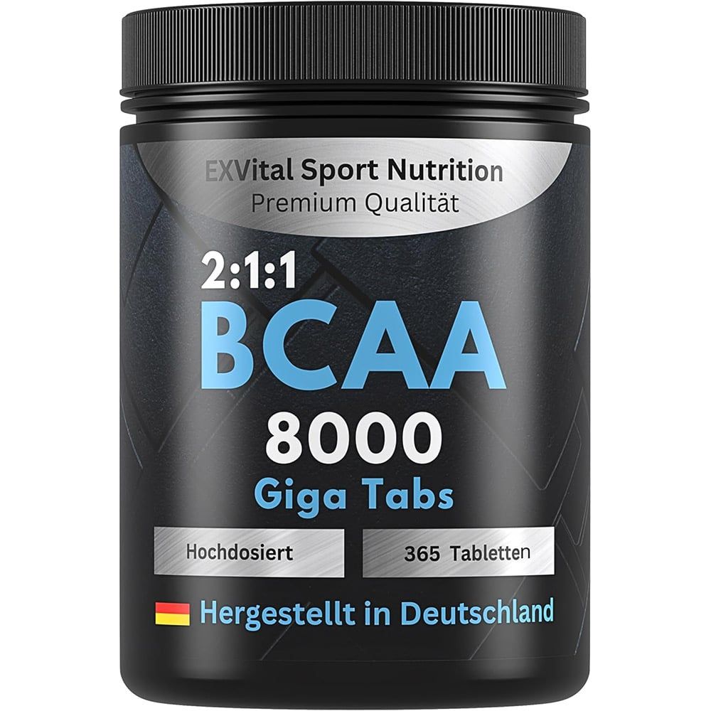 Schwarze Dose mit "EXVital BCAA 8000 Giga Tabs". Enthält 365 Tabletten. Hergestellt in Deutschland. "Hochdosiert".