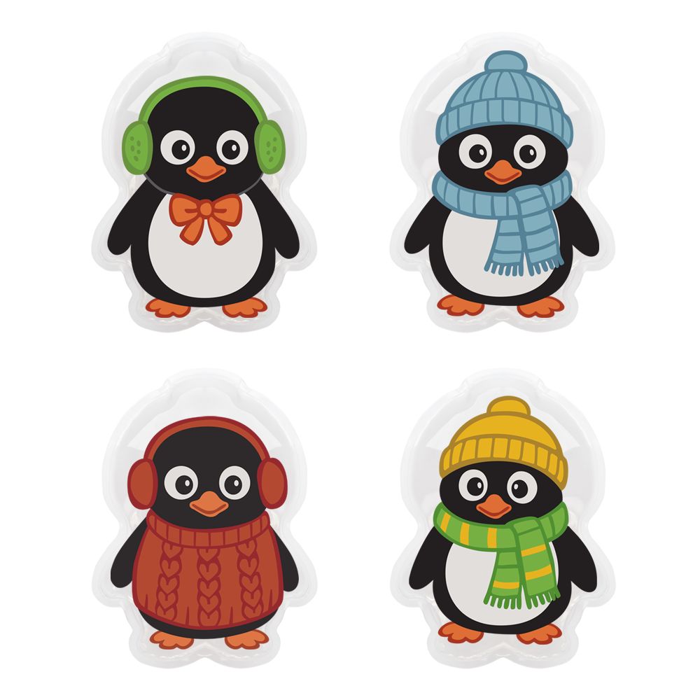 Vier Handwärmer in Pinguin-Form. Jeder Pinguin trägt ein anderes Accessoire: Ohrenschützer, Mütze und Schal, Pullover und Mütze mit Schal.