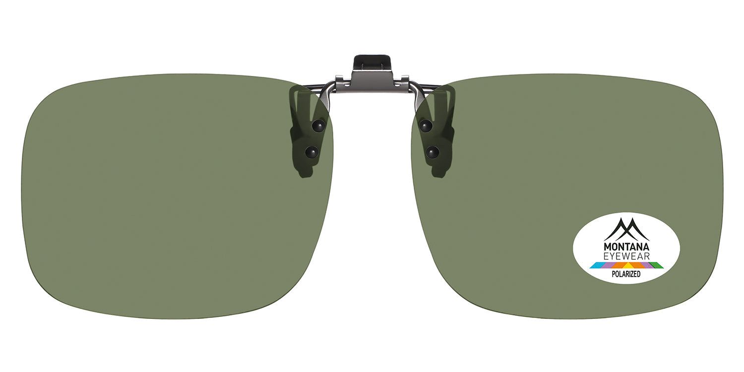 Clip-on-Sonnenbrille mit grünen Gläsern. Ovales Logo mit "MONTANA EYEWEAR POLARIZED".