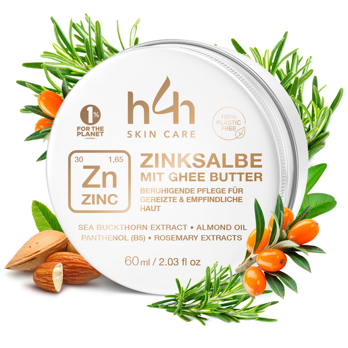 Dose mit Creme, daneben Mandeln, Sanddorn, Rosmarin. Text: h4h, Zinksalbe mit Ghee Butter, 60ml.
