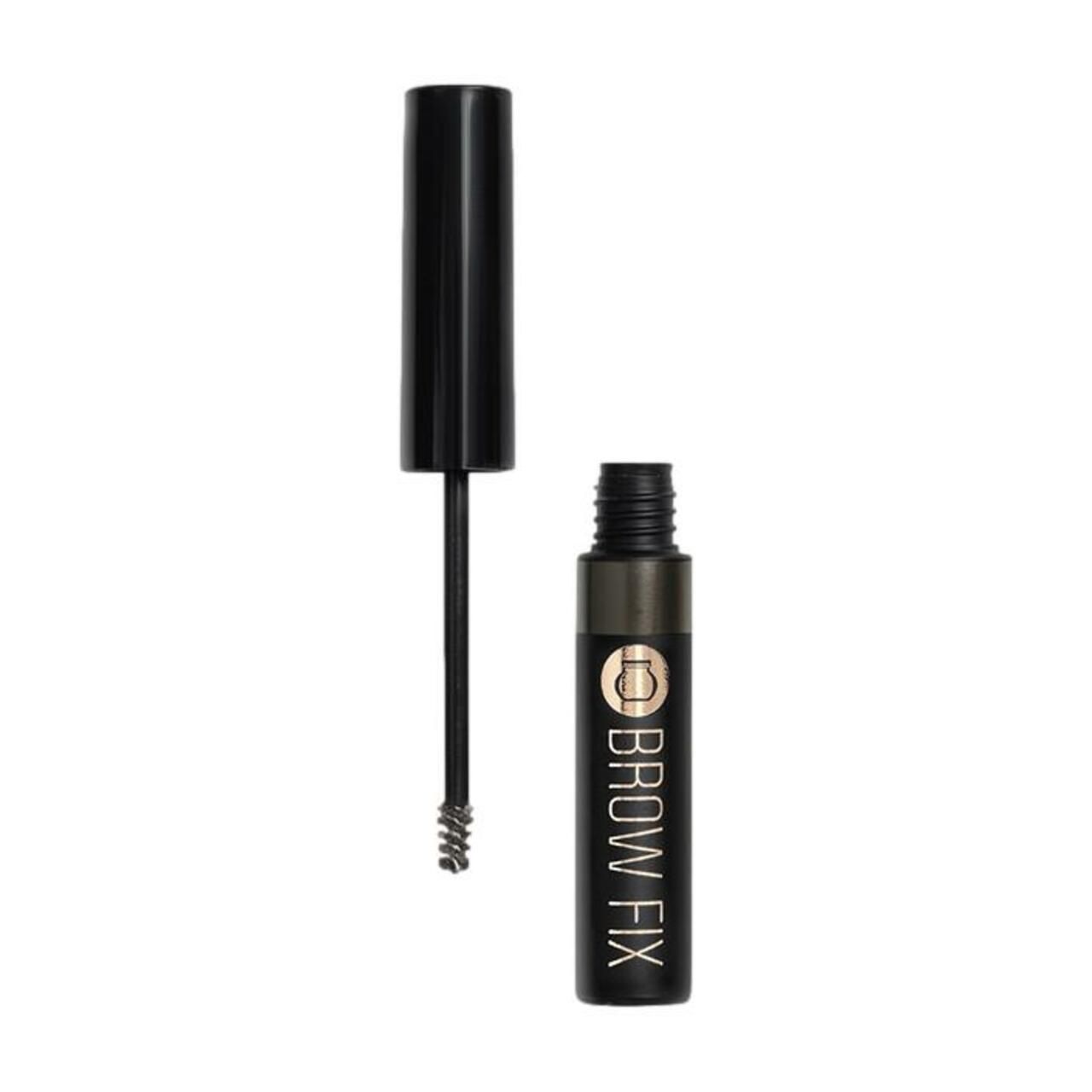 Schwarze Brow Fix-Tube mit geöffnetem Deckel und Bürste. Aufschrift "BROW FIX".