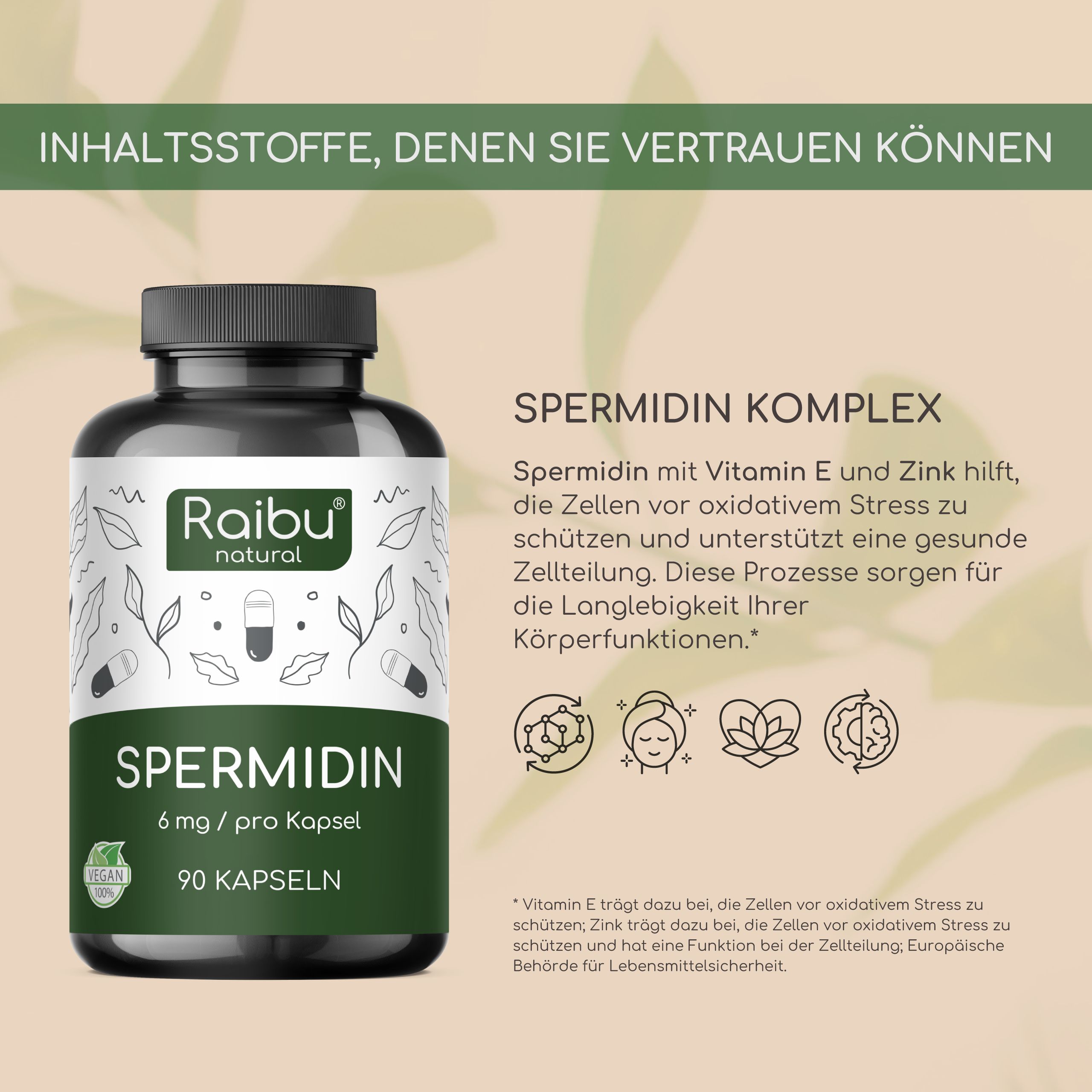 Schwarze Flasche mit grüner Aufschrift. Enthält 90 Kapseln. Marke: Raibu natural. Aufschrift: Spermidin 6 mg pro Kapsel. Text über Inhaltsstoffe.