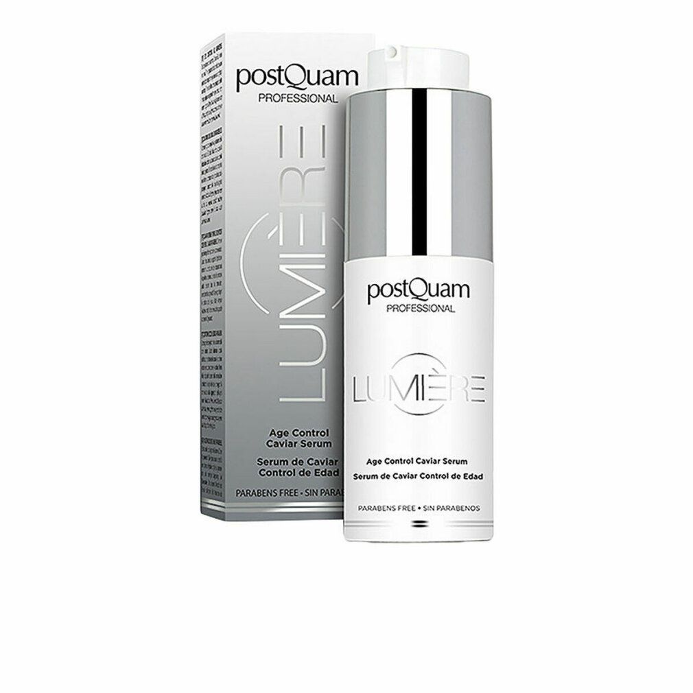 Serumflasche und Verpackung. Aufschrift: Postquam Lumière Age Control Caviar Serum. Parabenfrei.
