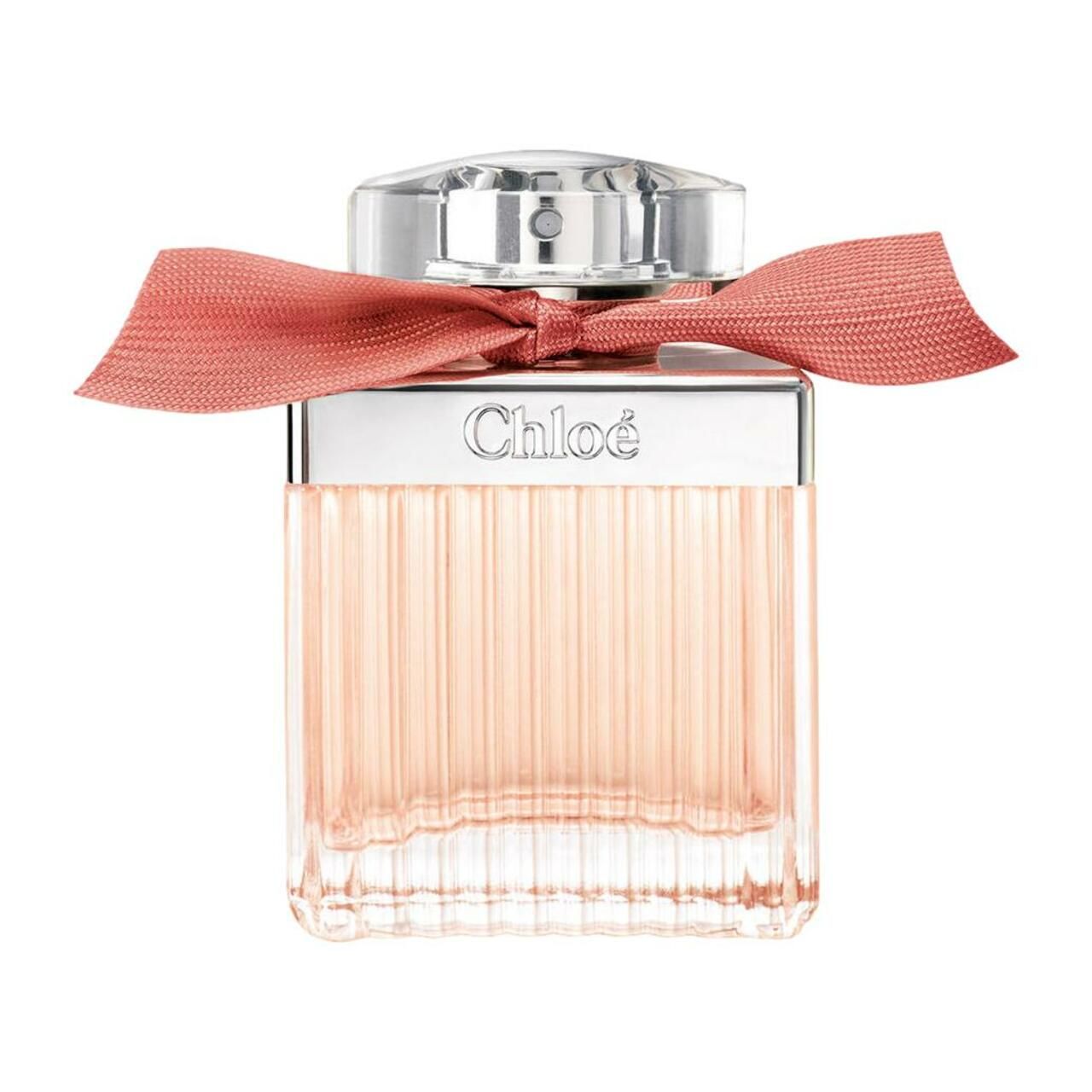 Parfümflakon mit rosa Schleife und silbernem Deckel. Aufschrift "Chloé".