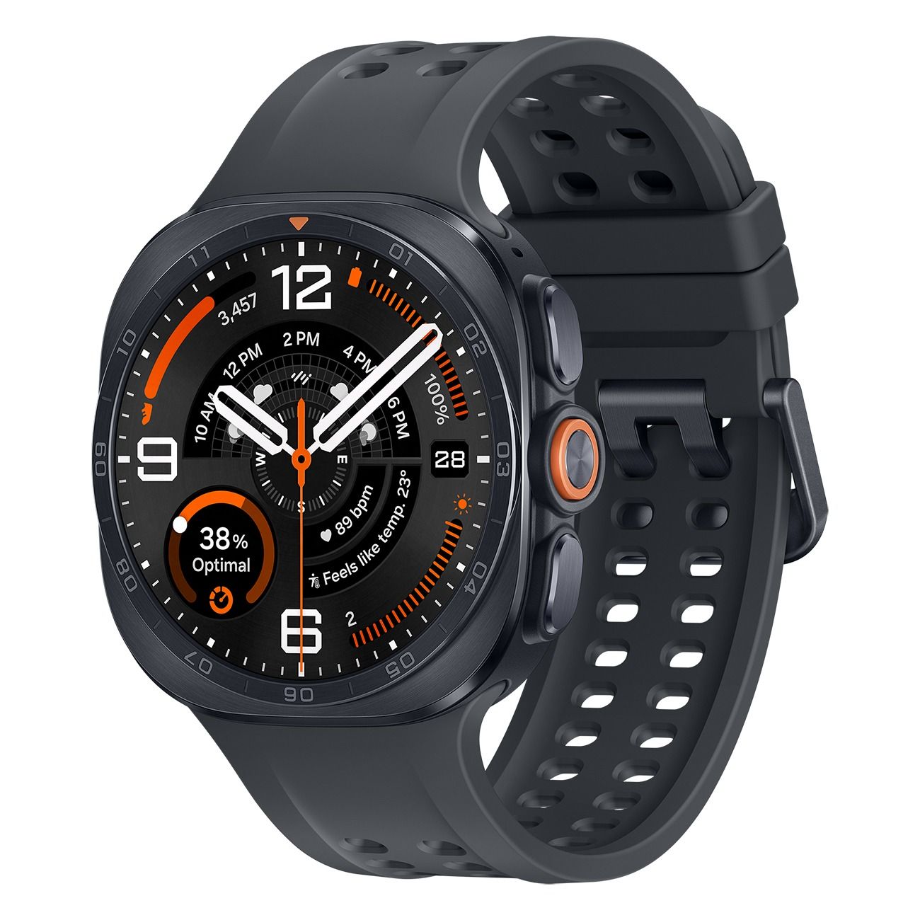 Dunkelgraue Smartwatch mit schwarzem Armband und rundem Zifferblatt. Zeigt Uhrzeit, Herzfrequenz und Aktivitätsdaten an.