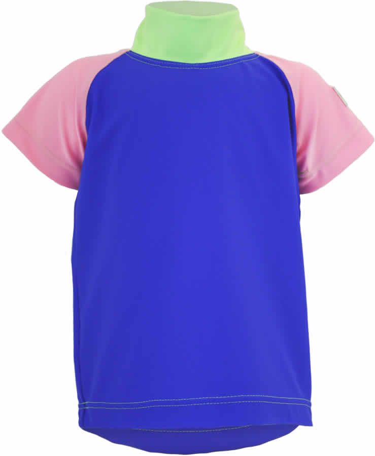 UV-Schutzkleidung T-Shirt. Blaues Hauptteil, rosa Ärmel, grüner Kragen. Kurze Ärmel. Rückansicht.