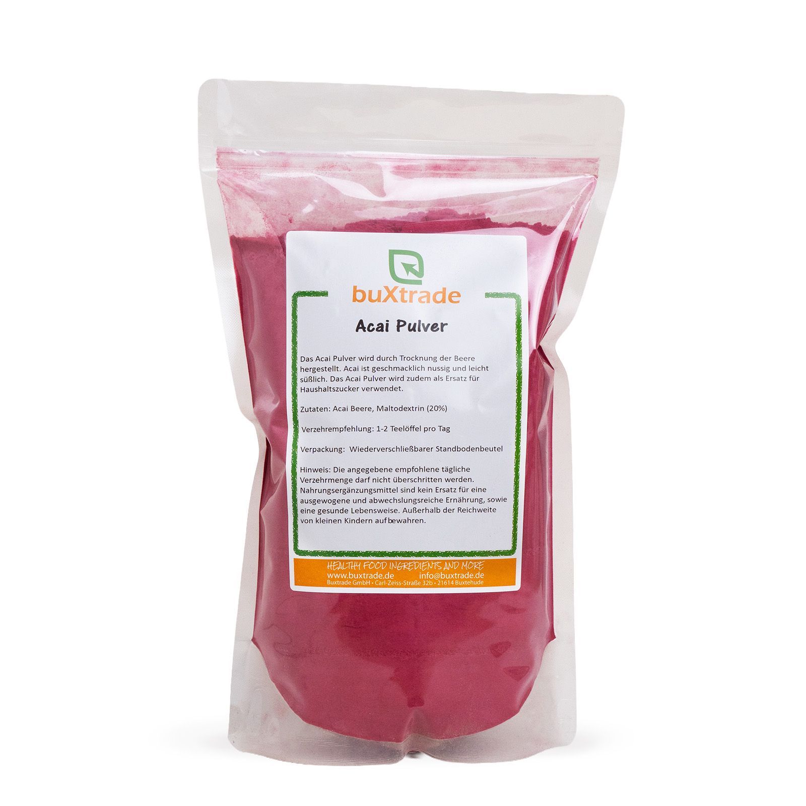 Transparenter Beutel mit rotem Pulver und Etikett. Auf dem Etikett steht 'buXtrade Acai Pulver'.