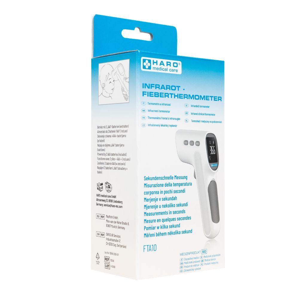 Infrarot-Fieberthermometer in Verpackung. Weißes Gerät mit Display, drei Knöpfen und grauem Griff. Text: HARO, Infrarot-Fieberthermometer.