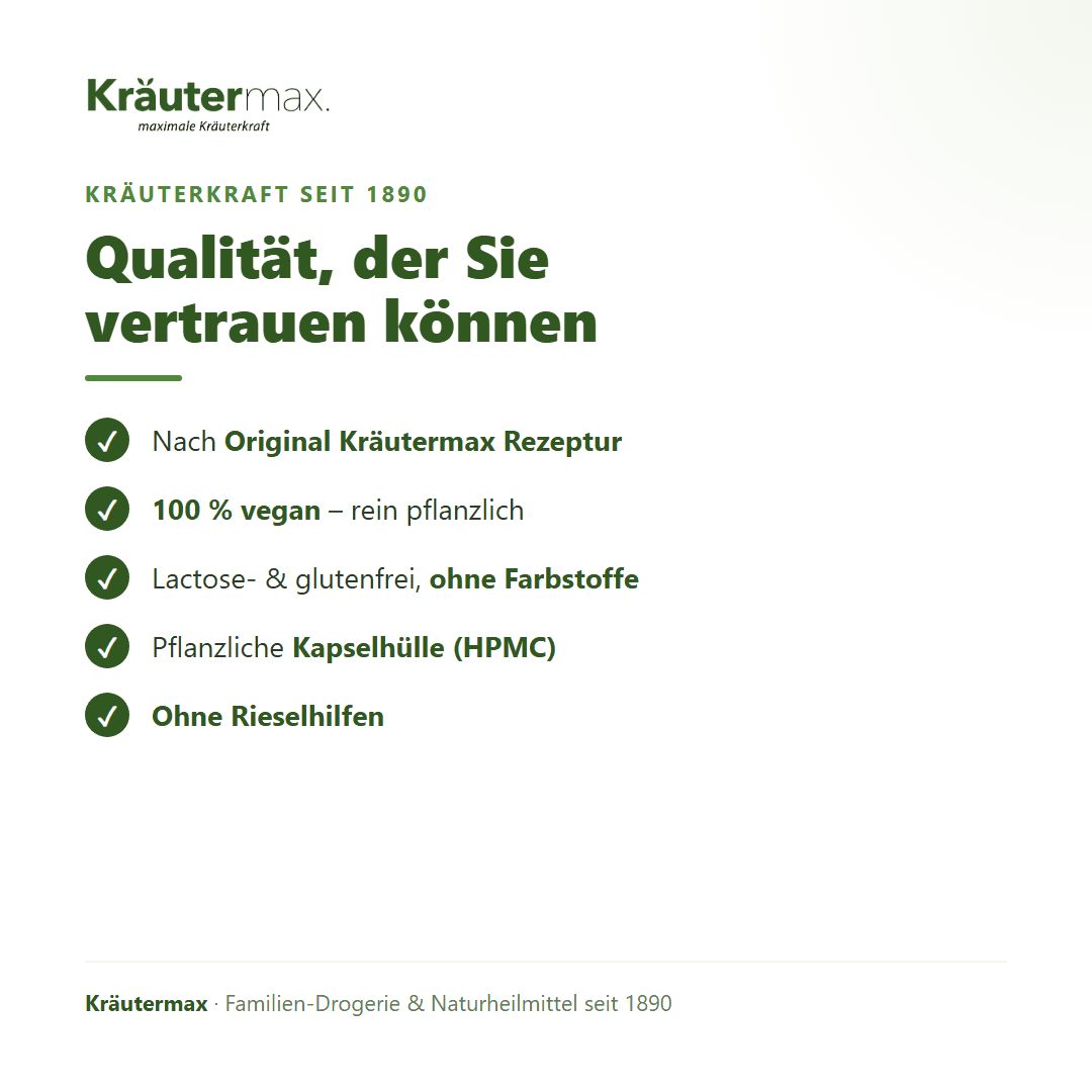 Liste mit Qualitätsmerkmalen: Nach Rezept, 100% vegan, laktosefrei, ohne Farbstoffe, pflanzliche Kapselhülle.