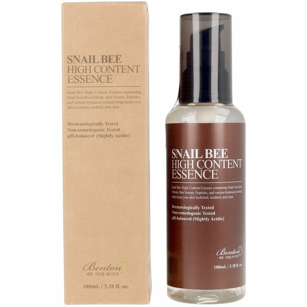 Essenzflasche und Verpackung. Flasche mit schwarzem Pumpverschluss. Aufschrift: Snail Bee High Content Essence. Braune Verpackung.