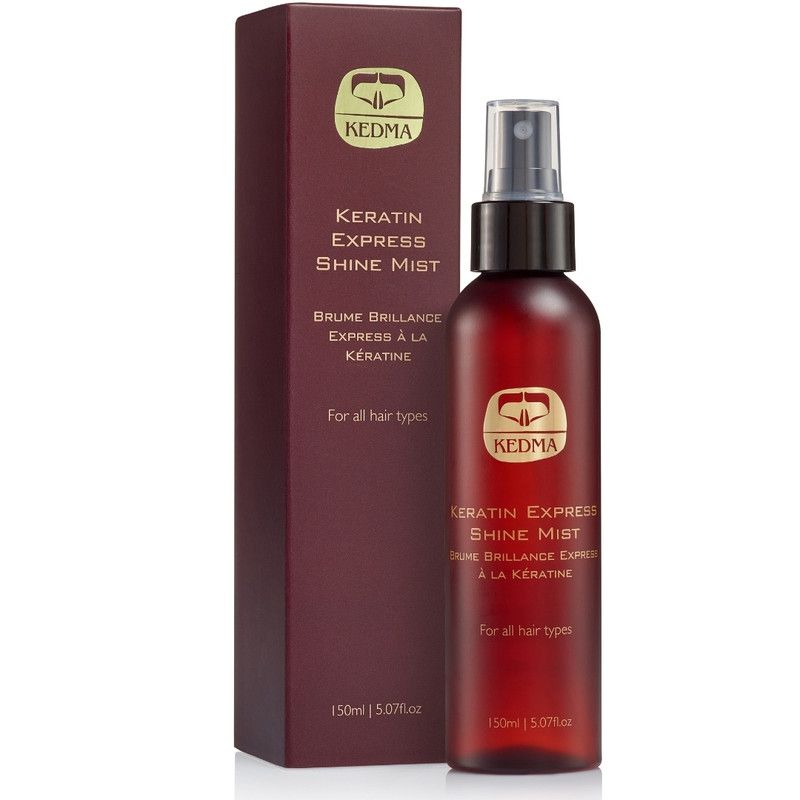 Dunkelrote Flasche und Schachtel. Aufschrift: KEDMA, Keratin Express Shine Mist. Für alle Haartypen. 150ml.