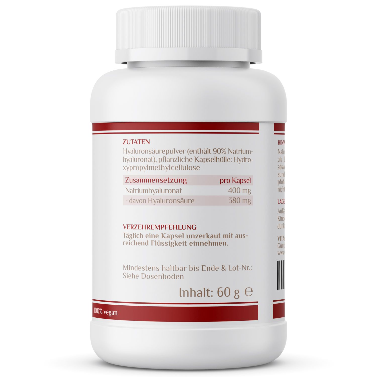 Rückseite einer weißen Flasche mit rotem Streifen. Text: Zutaten, Zusammensetzung, Verzehrempfehlung, Inhalt: 60 g. 100% vegan.