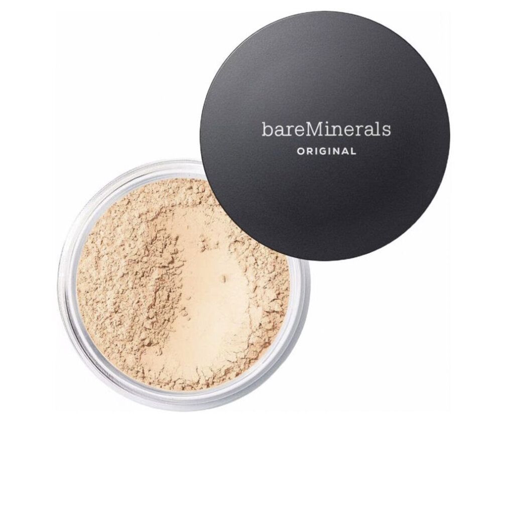 Bareminerals Original Foundation. Offene Dose mit losem Puder. Schwarzer Deckel mit weißem Schriftzug. Helle Puderfarbe.