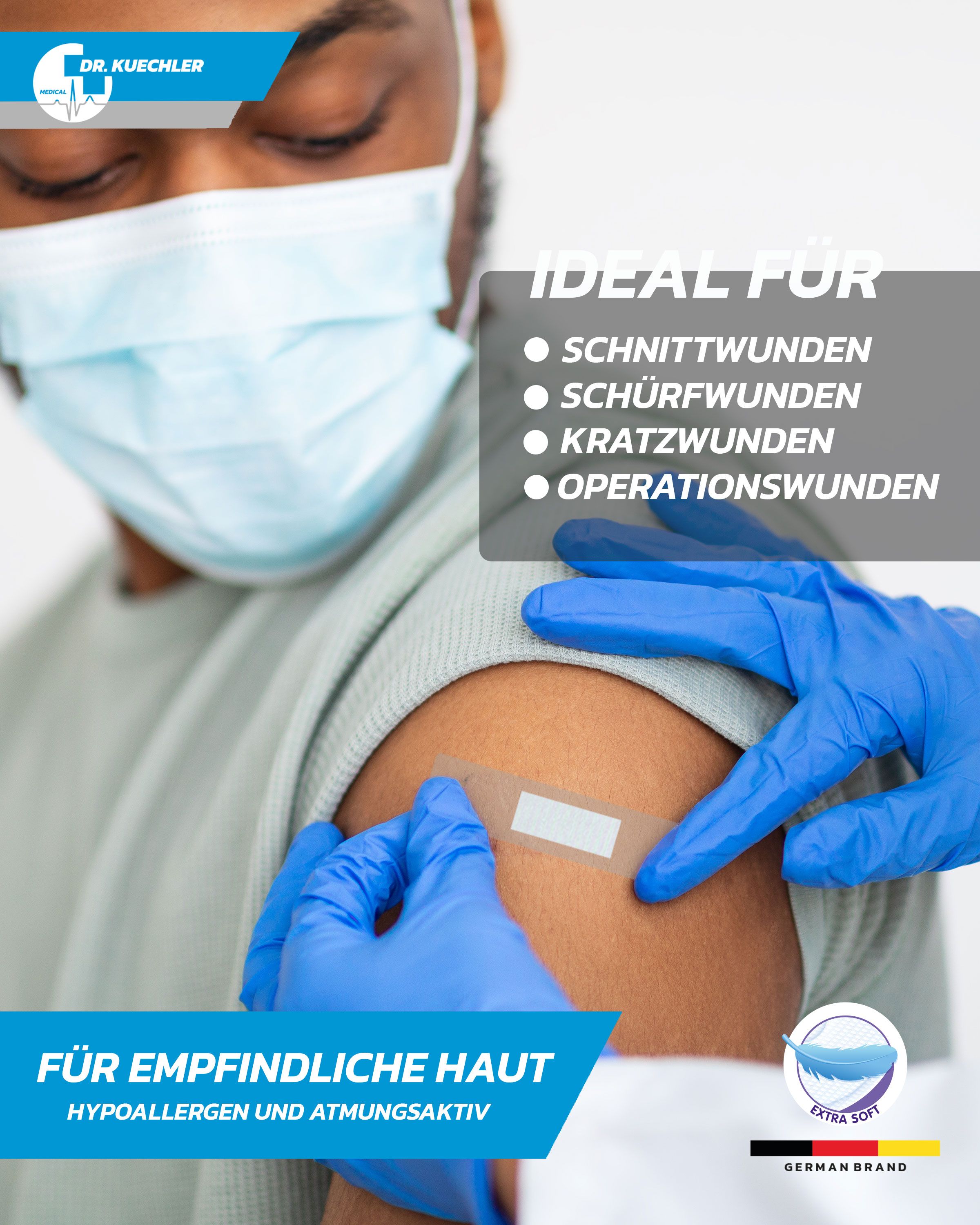Wundpflaster für empfindliche Haut, ideal für Schnitte und Schürfwunden.
