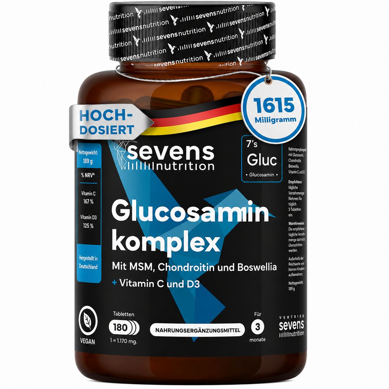 Braune Dose mit SEVENS NUTRITION Glucosamin Komplex Kapseln. Hochdosiert, 180 Tabletten.
