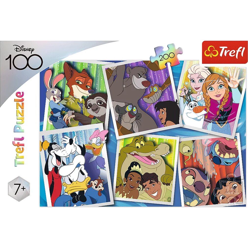 Puzzle-Verpackung mit Disney-Figuren. Logo Disney 100 Jahre, Trefl Puzzle, 200 Teile, ab 7 Jahren.
