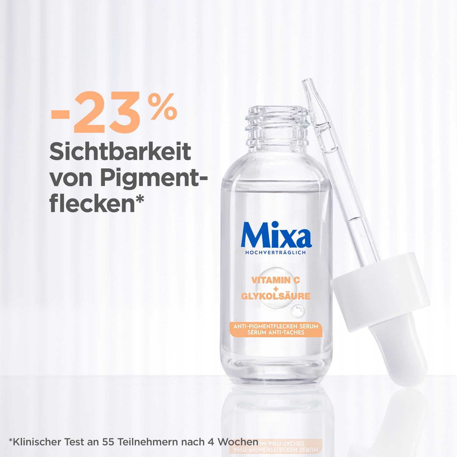 Flasche Mixa Serum mit Pipette. Text: -23% Sichtbarkeit von Pigmentflecken*. Klinischer Test nach 4 Wochen.