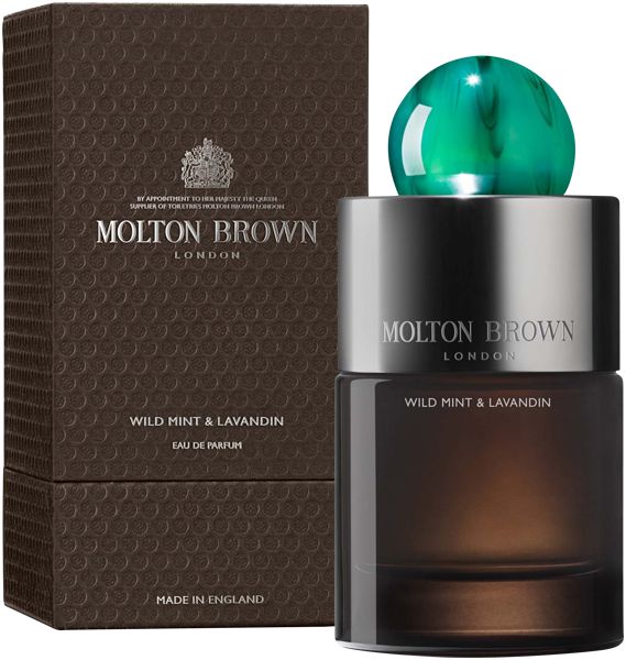 Dunkelbraune Schachtel und Flakon. Flakon mit silbernem Deckel und grünem Verschluss. Aufschrift: Molton Brown, Wild Mint & Lavandin.