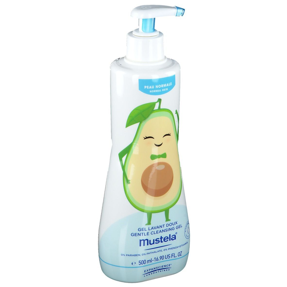 Flacone bianco con erogatore blu. Illustrazione di avocado. Testo: Mustela, Gel lavante delicato. Scritta: 500 ml.