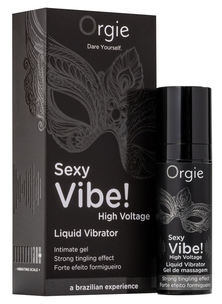 Produktverpackung und Flasche. Marke Orgie, Produktname Sexy Vibe! High Voltage. Masken-Design. Text: Intimate gel.