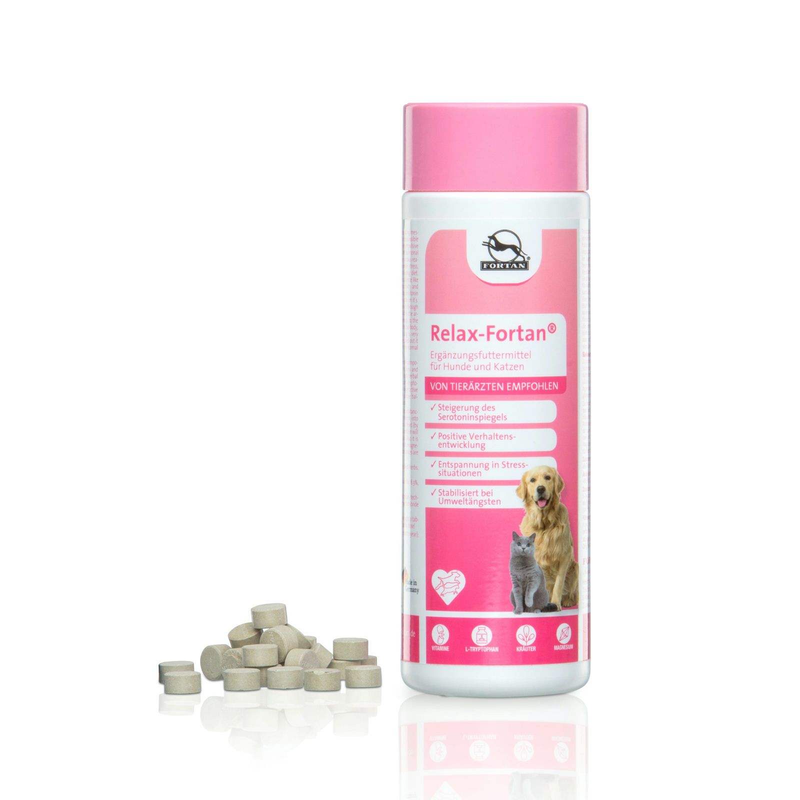 Rosa Flasche Relax-Fortan mit Tabletten daneben. Logo, Produktname, Illustration Hund und Katze. Ergänzungsfutter.