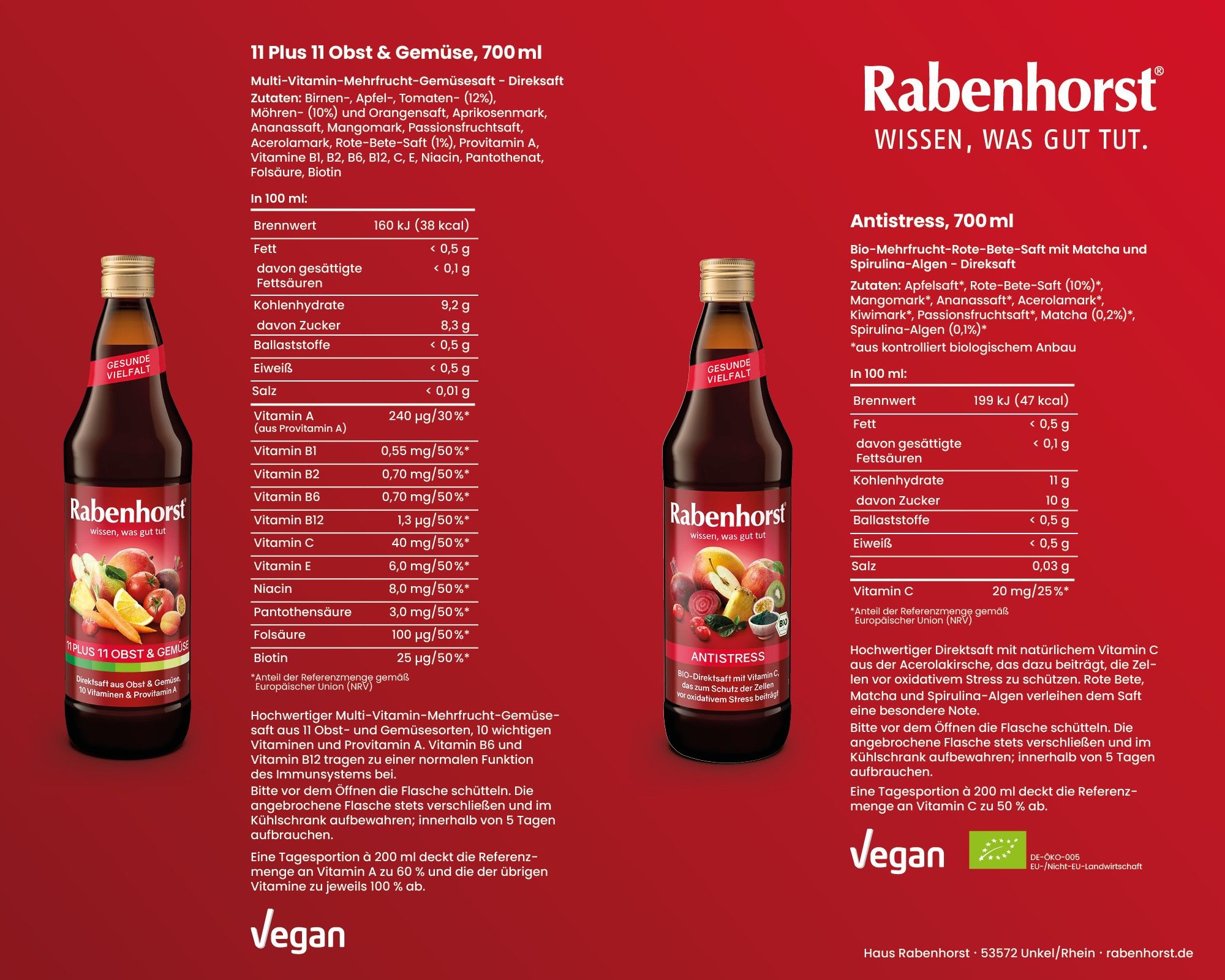 Zwei Flaschen Saft mit Etiketten. Nährwertangaben und Zutatenlisten. Vegan-Siegel und Bio-Siegel.