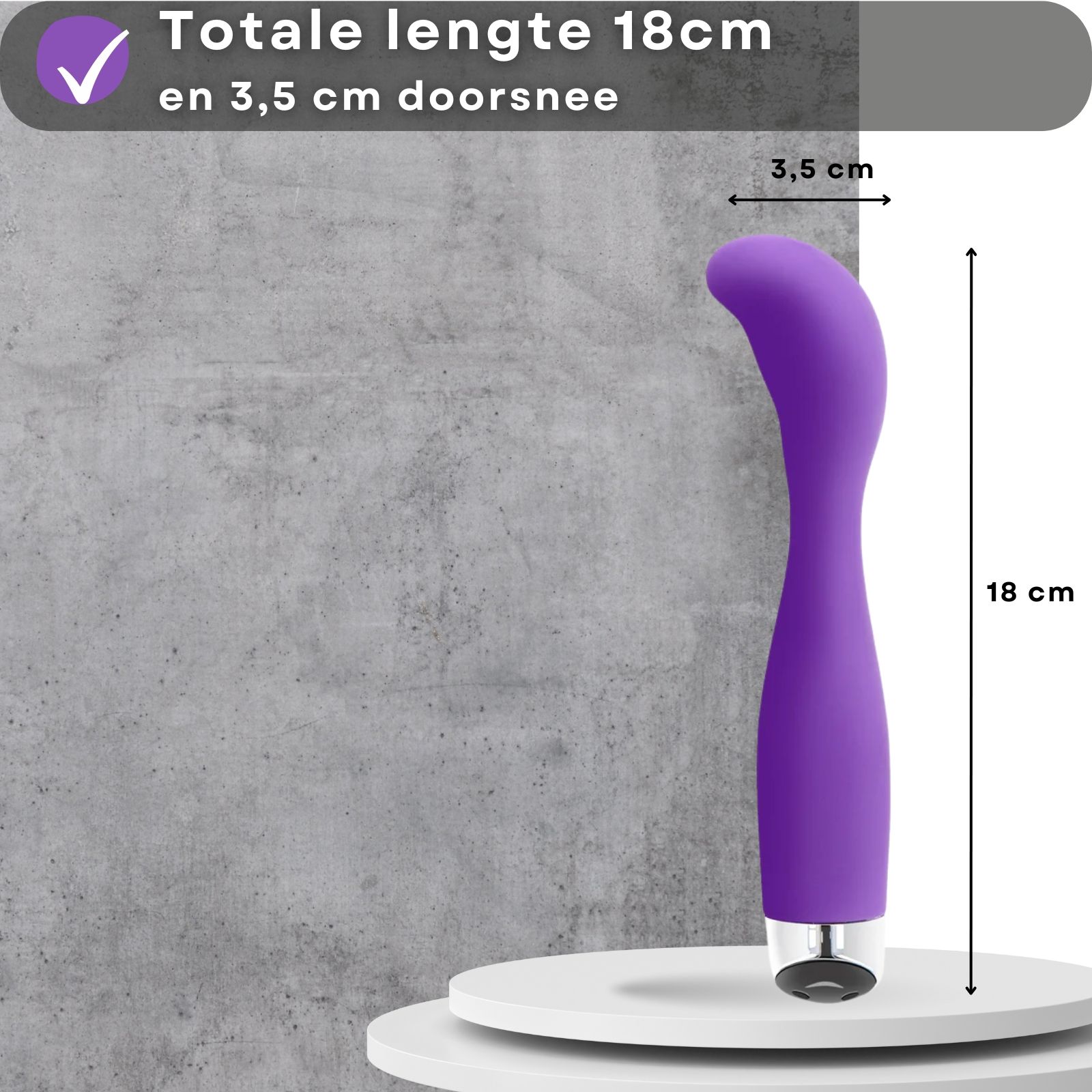 Paarse vibrator. Siliconen, gebogen vorm. Tekst: 18cm lang, 3,5cm doorsnee.