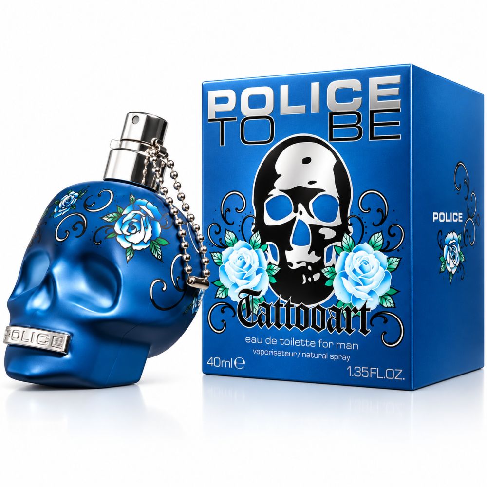 Blaue Totenkopf-Parfümflasche mit Rosen-Tattoo-Design und passender Box.