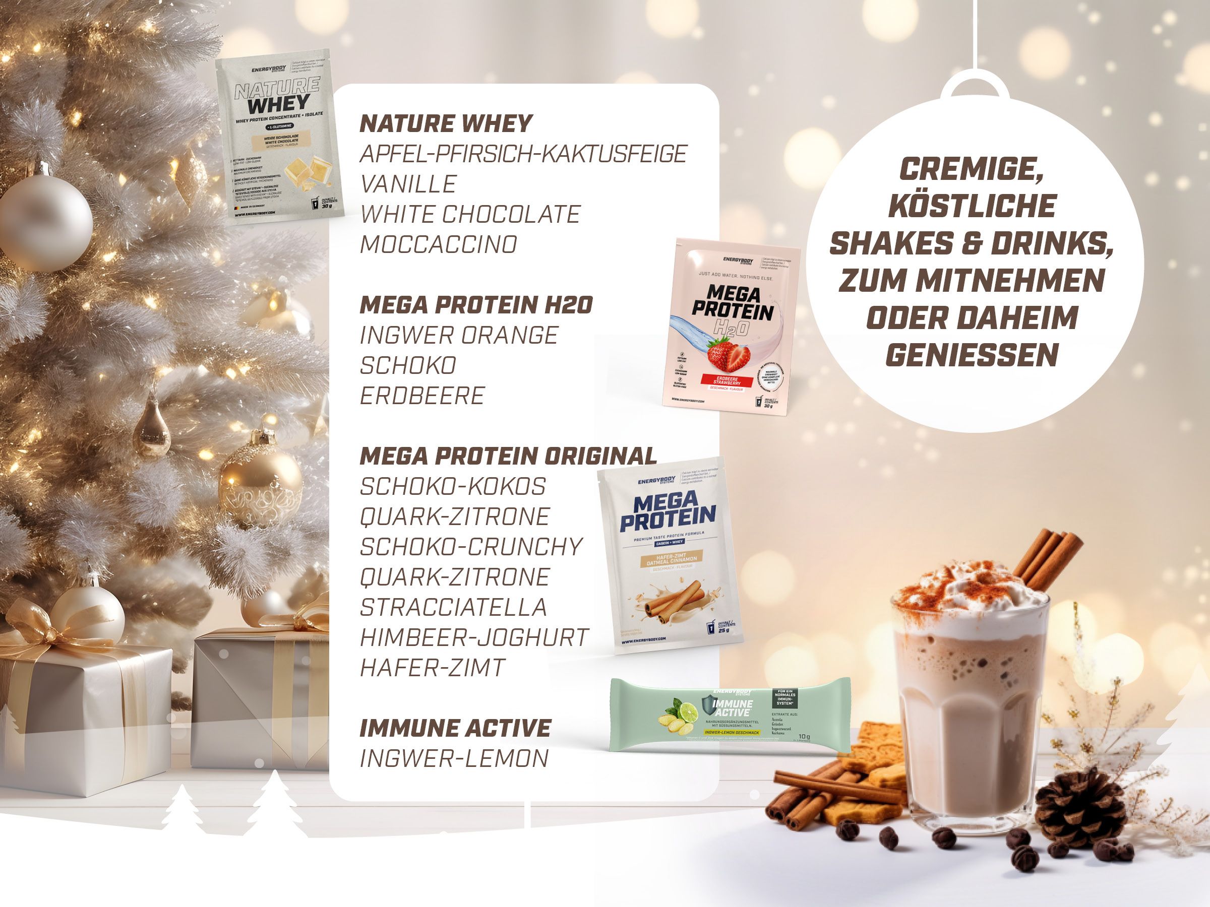 Produktübersicht mit Shakes und Riegeln. Aufschrift: Nature Whey, Mega Protein, Immune Active. Ein Glas Shake mit Zimt.