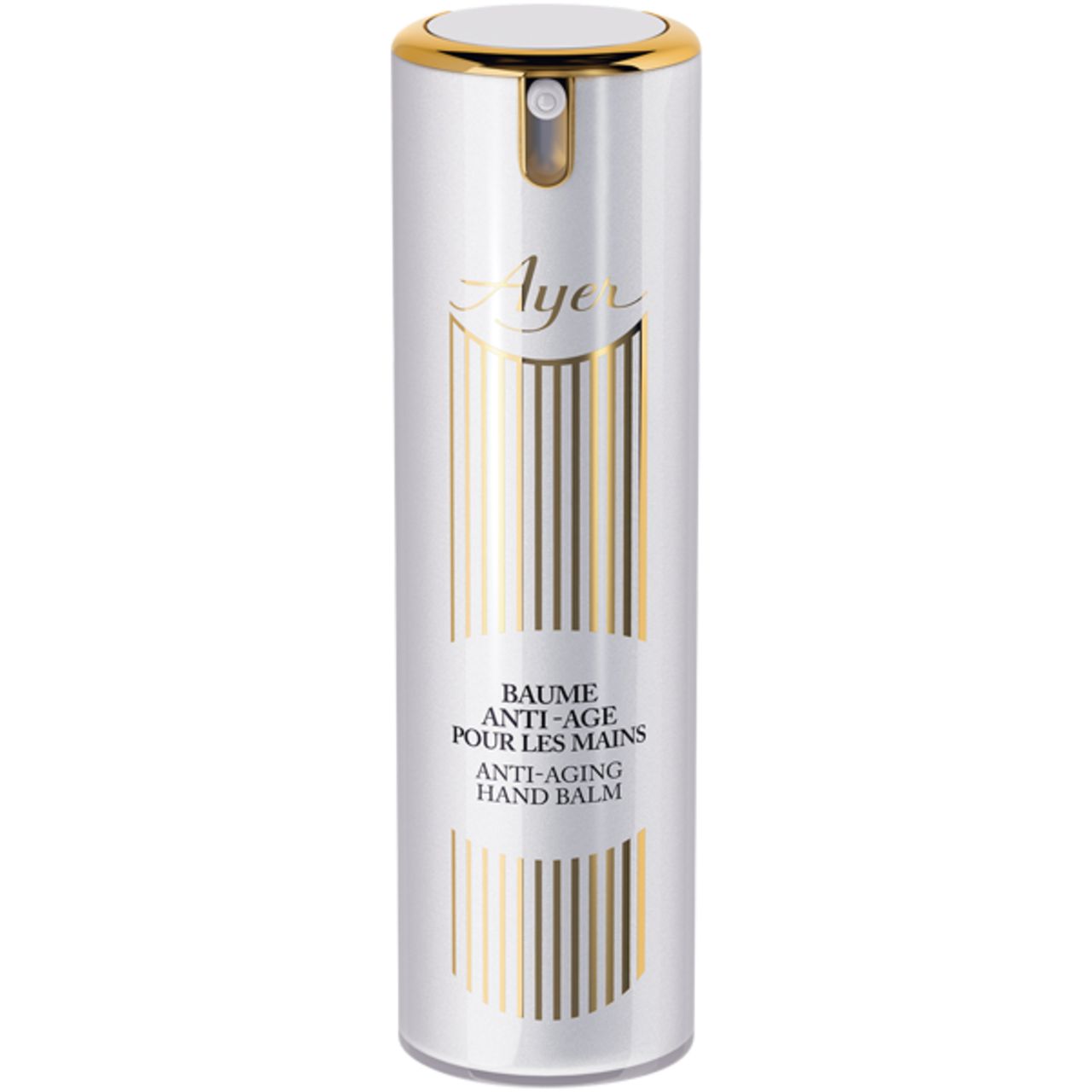 Weißer Zylinder mit goldfarbenen Akzenten. Aufschrift: Ayer, Baume Anti-Age pour les Mains, Anti-Aging Hand Balm.