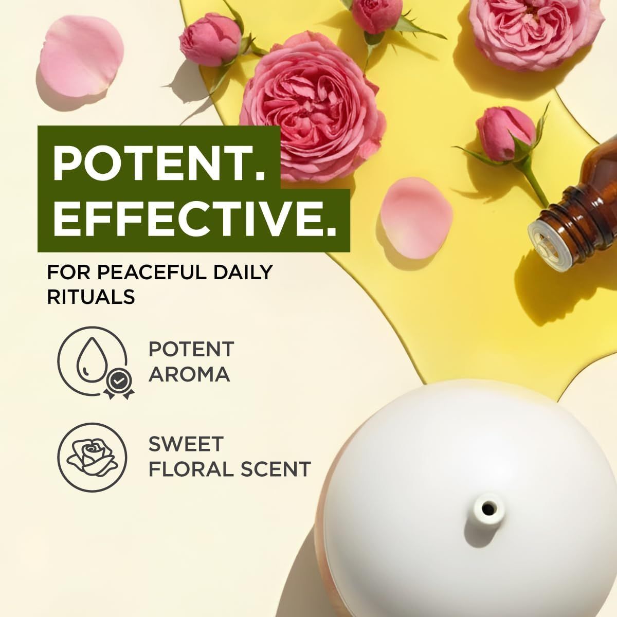 Rosen, Blütenblätter und Diffusor. Text: Potent. Effective. Für friedliche tägliche Rituale. Symbole: Tropfen, Rose.