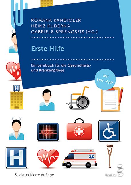 Buchcover mit Titel "Erste Hilfe". Untertitel: Lehrbuch für Gesundheits- und Krankenpflege. Mit Icons und dem Logo "Mit Lern-App".