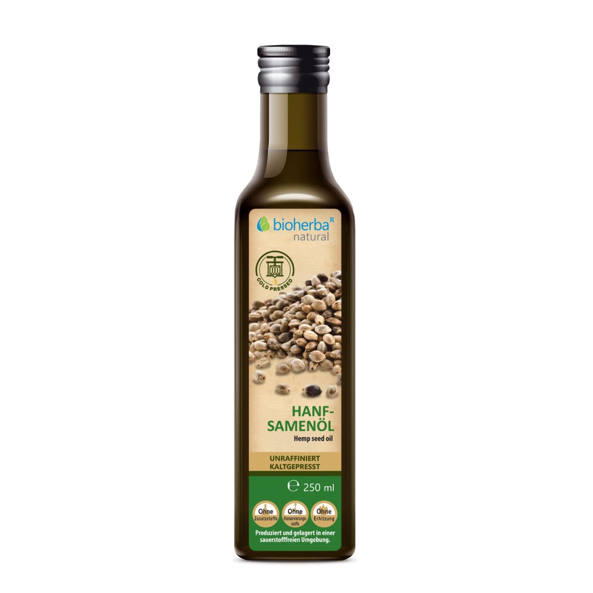 Braune Glasflasche mit schwarzem Deckel. Etikett mit Hanfsamen-Abbildung und Text: Hanfsamenöl, kaltgepresst. Bioherba Logo.