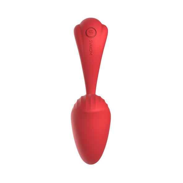 Roter Vibrator mit geriffelter Oberfläche und Knopf. Marke Svakom.