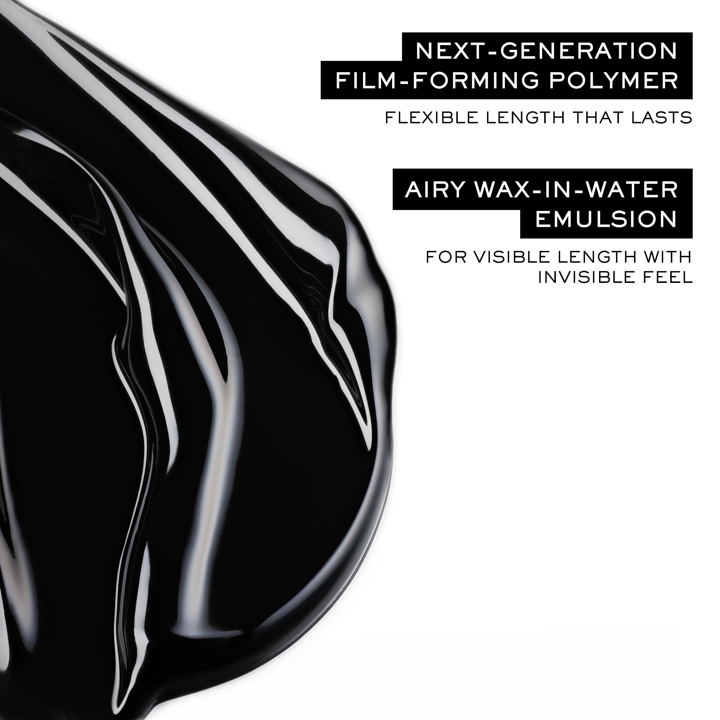 Schwarze Mascara-Textur. Text: Next-Generation Film-forming Polymer, Airy Wax-in-water Emulsion.