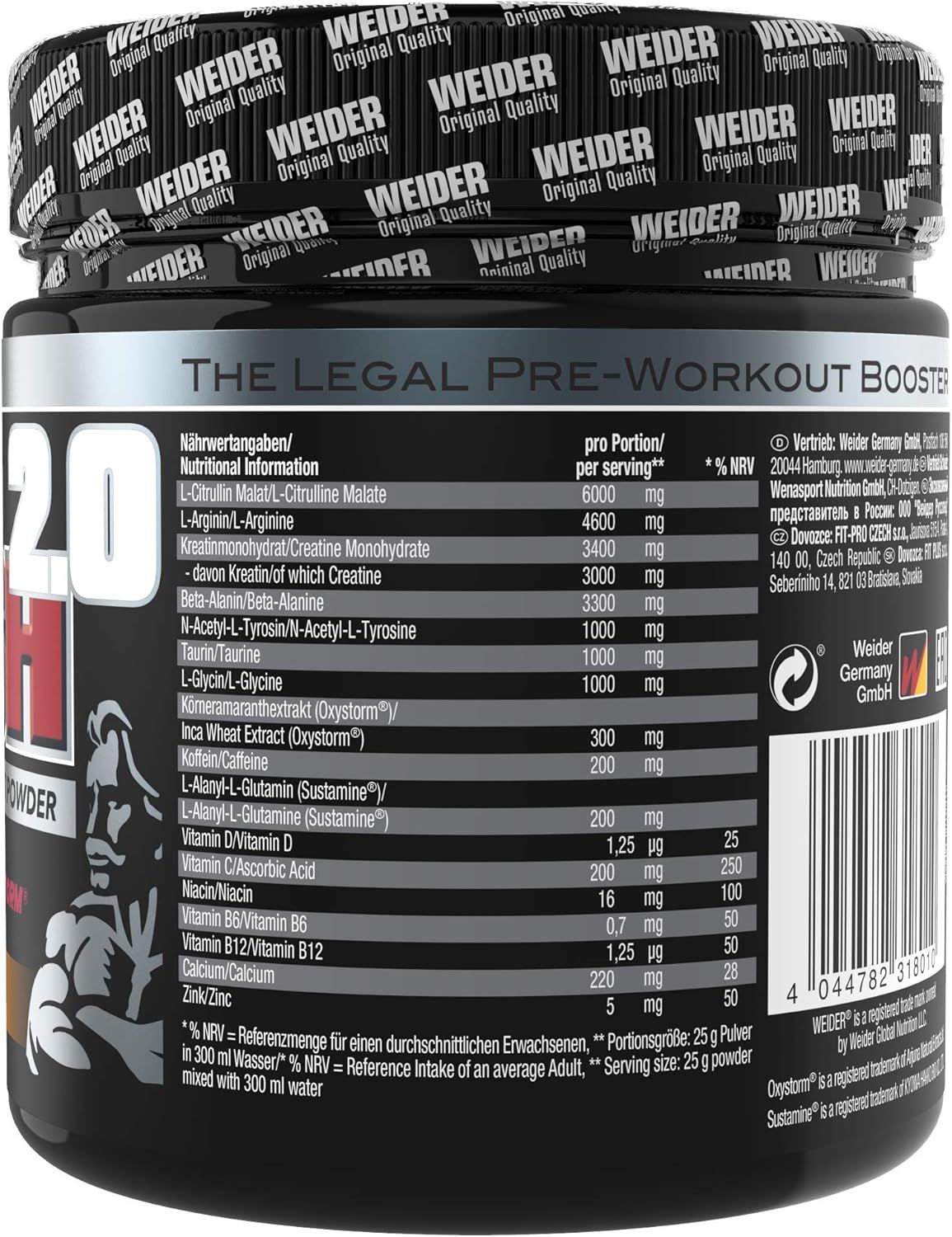 Weider Total Rush 2.0: Rückseite der Dose mit Nährwertangaben und Inhaltsstoffen.