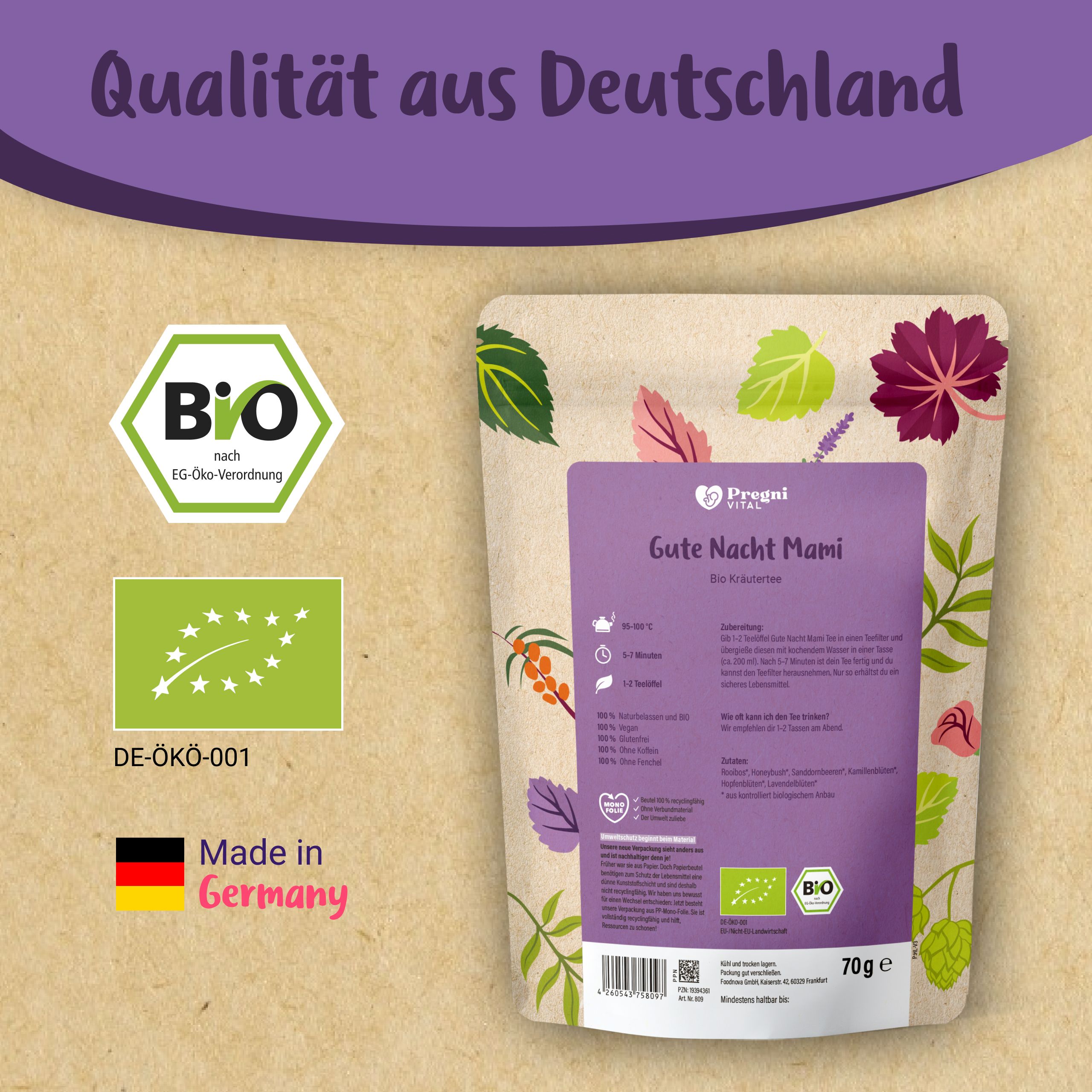 PregniVital Gute Nacht Mami BIO Kräutertee Beutel. Links: Bio-Siegel, DE-ÖKO-001, Made in Germany.