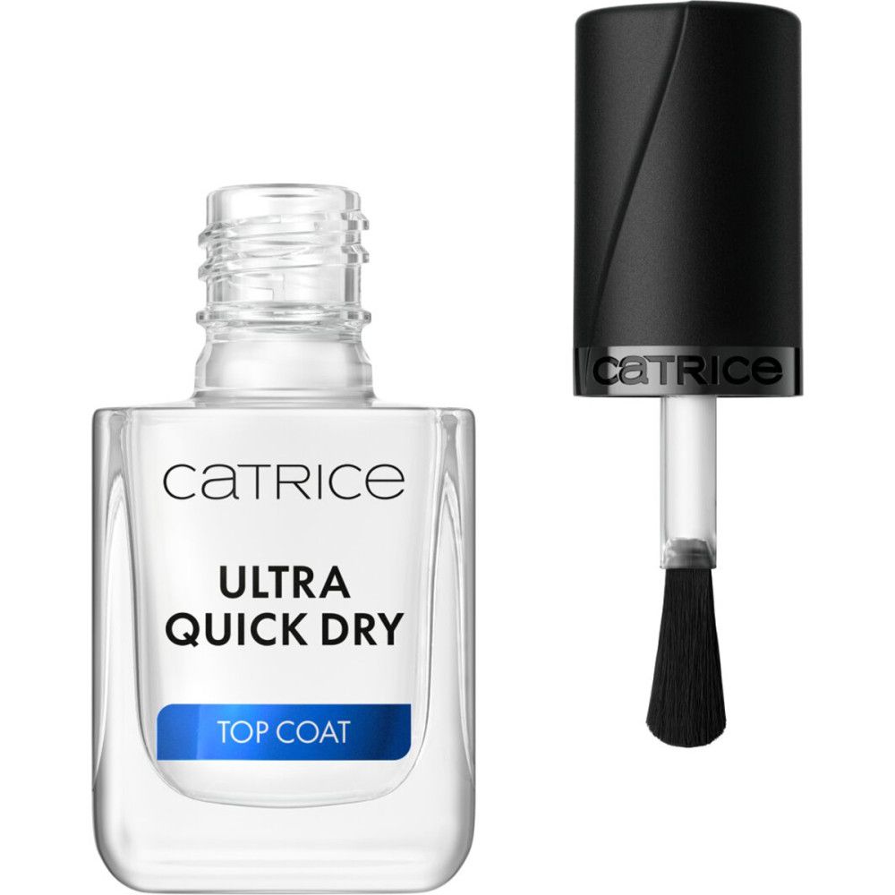 Catrice Ultra Quick Dry Top Coat Nagellackflasche mit schwarzem Deckel und Applikator.
