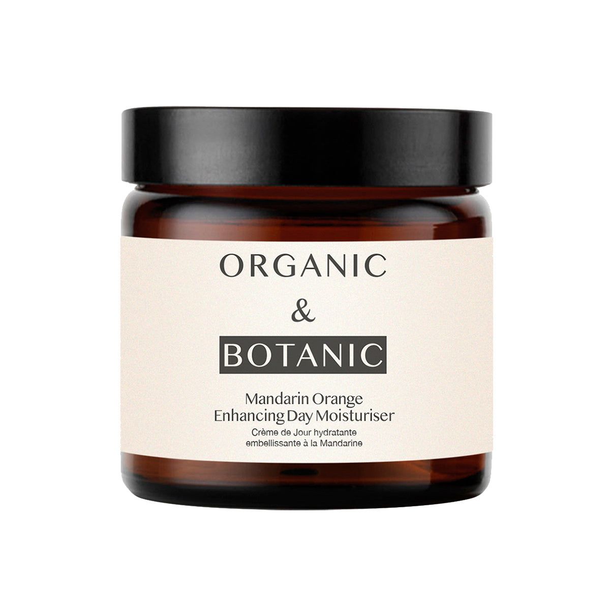 Braune Glasdose mit schwarzem Deckel. Aufschrift: ORGANIC & BOTANIC, Mandarin Orange Enhancing Day Moisturiser.