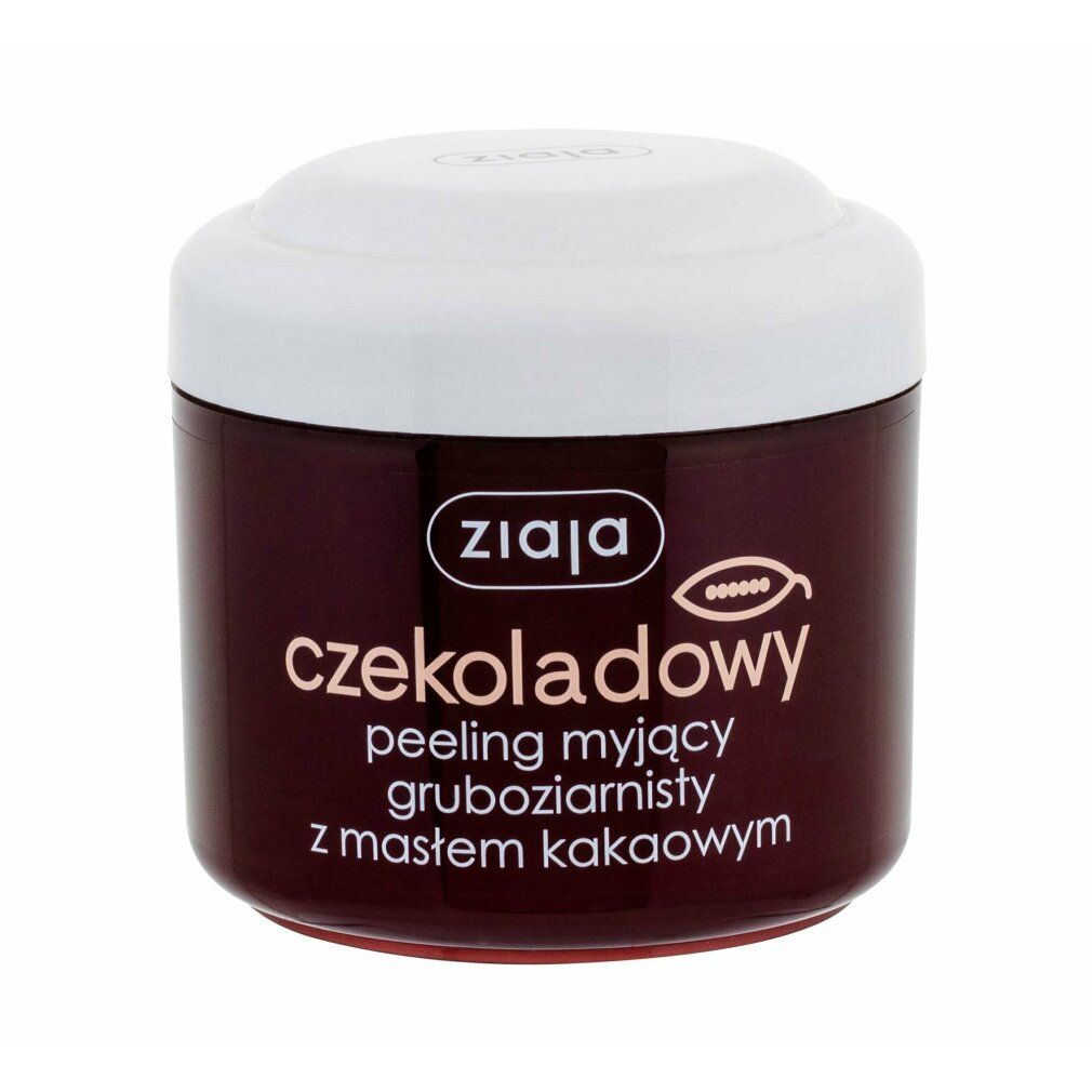 Braune Dose mit weißem Deckel. Aufschrift "ziaja" und "czekoladowy peeling myjący z masłem kakaowym".