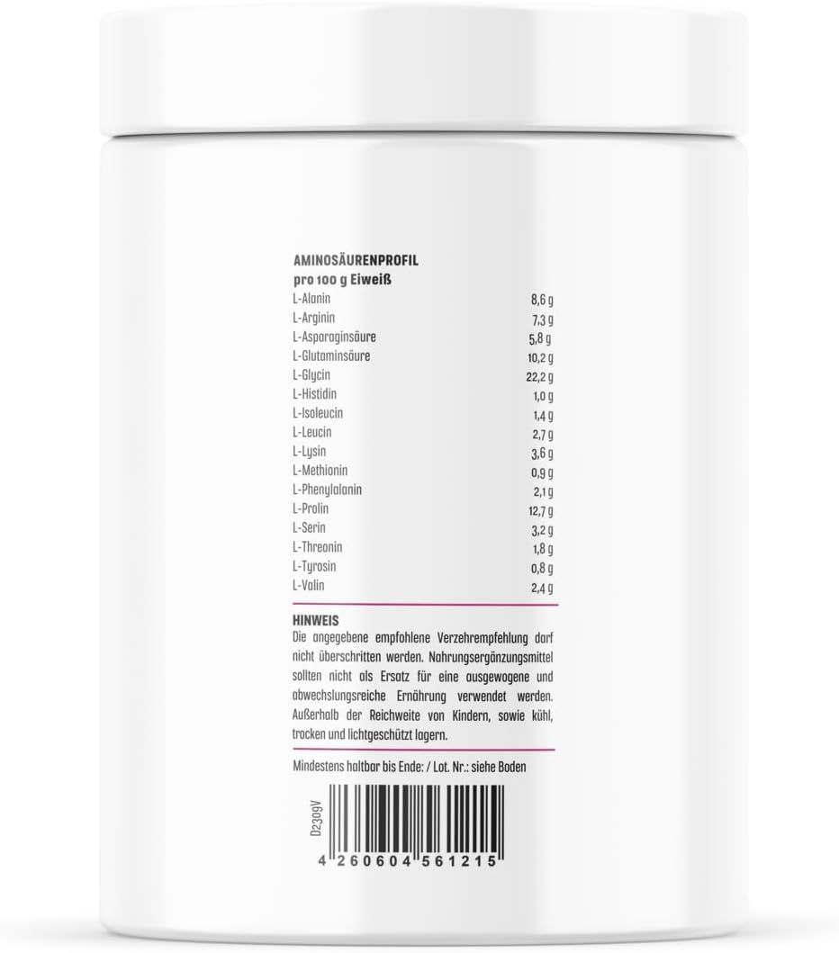 Weißer Behälter. Text: Aminosäurenprofil pro 100 g Eiweiß. Enthält eine Liste von Aminosäuren und eine Verzehrempfehlung.