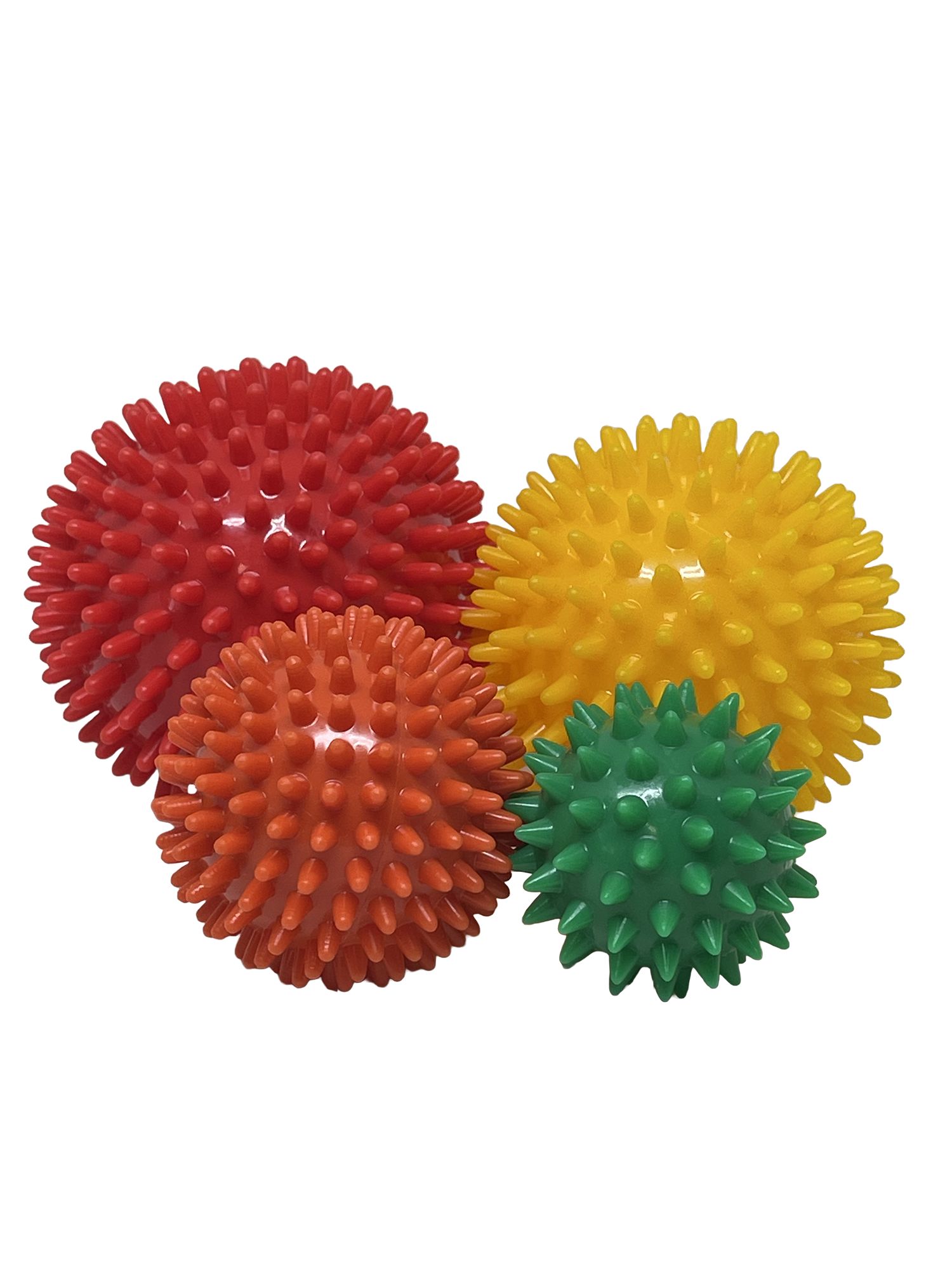 Vier Massagebälle in Rot, Gelb, Orange und Grün. Jeder Ball hat eine stachelige Oberfläche.