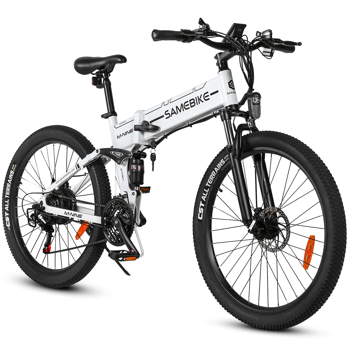 Faltbares Elektrofahrrad, weiß, schwarz. Marke SAMEBIKE. Große Reifen, Scheibenbremsen. Details: Sattel, Lenker, Pedale.