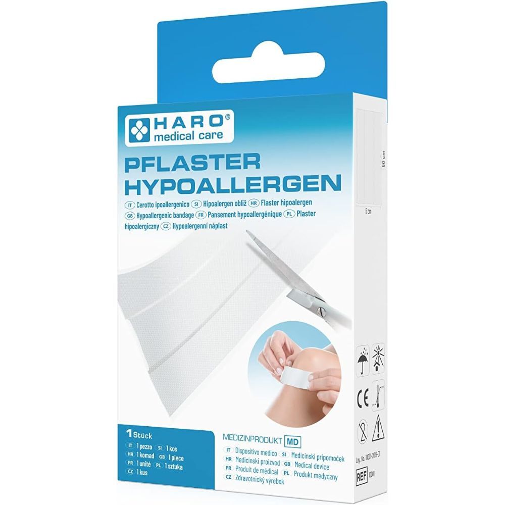 Verpakking van Haro Pflaster hypoallergen. Blauwe en witte doos met productnaam en afbeeldingen. Medisch hulpmiddel.